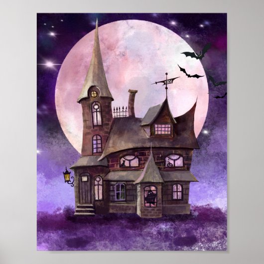 Halloween Haunted House met Mon en Bat Wall Art Poster (Voorkant)