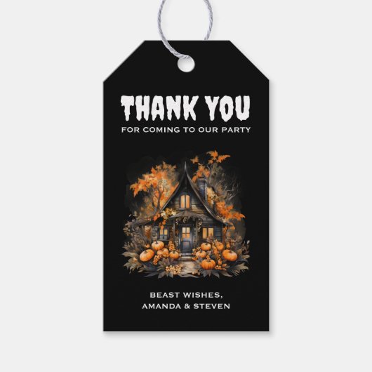 Halloween Haunted House met pompoenen Dank u Cadeaulabel (Voorkant)