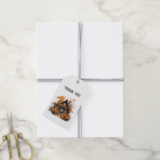 Halloween Haunted House met pompoenen Dank u Cadeaulabel (Met Touw)