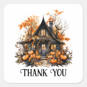 Halloween Haunted House met pompoenen Dank u Vierkante Sticker