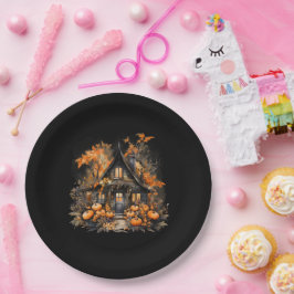 Halloween Haunted House met pompoenen zwart Papieren Bordje