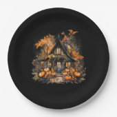 Halloween Haunted House met pompoenen zwart Papieren Bordje (Voorkant)