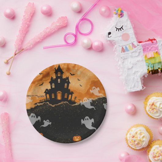 Halloween Haunted House Orange Gold Glitter Papieren Bordje (Feest)