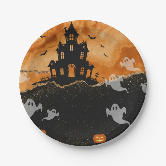 Halloween Haunted House Orange Gold Glitter Papieren Bordje (Voorkant)