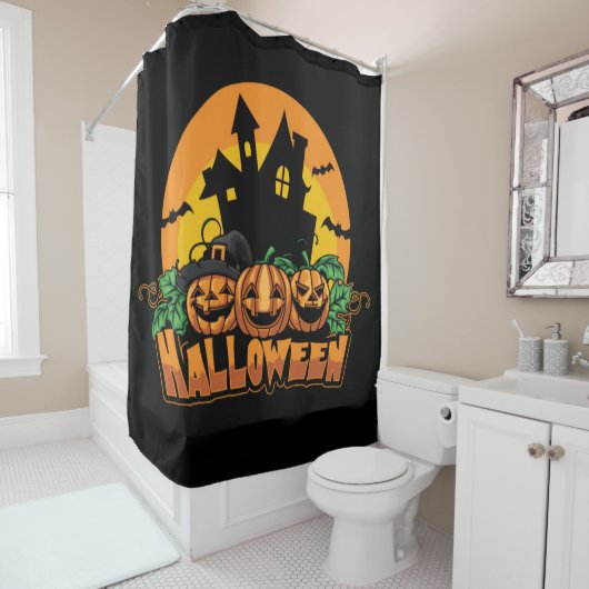 Halloween Haunted House Pumpkins Douchegordijn (In situ)