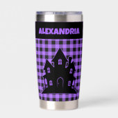 Halloween Haunted House Purple & Black Plaid Name Geïsoleerde Drinkbeker (Achterkant)