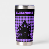 Halloween Haunted House Purple & Black Plaid Name Geïsoleerde Drinkbeker (Voorkant)