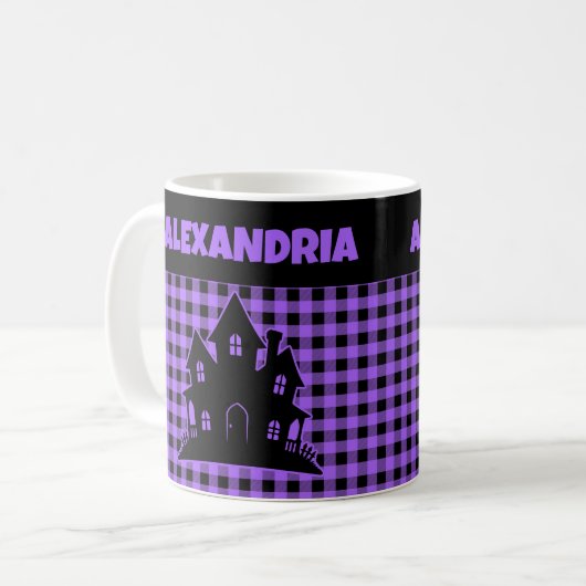 Halloween Haunted House Purple & Black Plaid Name Koffiemok (Voorkant links)