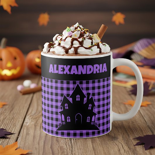 Halloween Haunted House Purple & Black Plaid Name Koffiemok