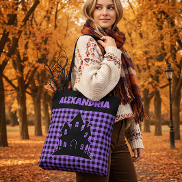 Halloween Haunted House Purple & Black Plaid Name Tote Bag