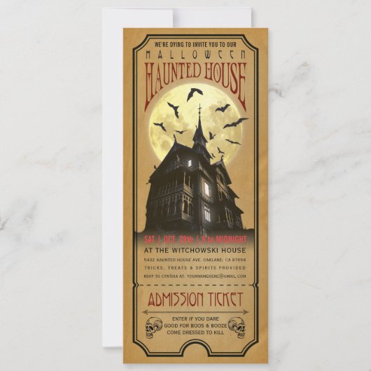 Halloween Haunted House Ticket Invitation Kaart (Voorkant)