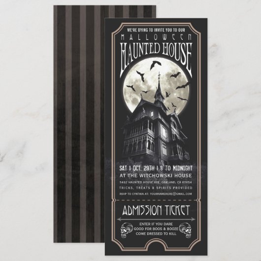 Halloween Haunted House Ticket Uitnodiging (Voorkant / Achterkant)