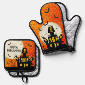 Halloween Haunted House Volle maan vleermuizen kat Ovenwant & Pannenlap Set (Voorkant / Achterkant)