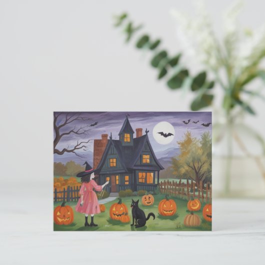 Halloween Haunted House Witch Briefkaart (Staand voorkant)