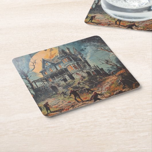 Halloween Haunted House Zombie Kartonnen Onderzetters (Schuin)