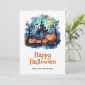 Halloween Haunted Mansion Pumpkins Bats Ghost Feestdagenkaart (Staand voorkant)