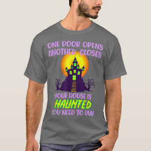 Halloween haunted run deuren open kaken t-shirt