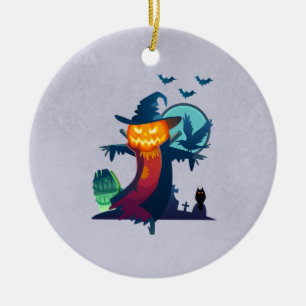 Halloween Haunted Scarecrow met vleermuizen en een Keramisch Ornament