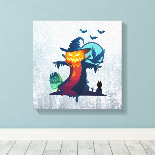 Halloween Haunted Scarecrow met vleermuizen en kip Canvas Afdruk (Insitu (Houten vloer))