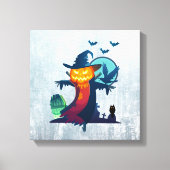 Halloween Haunted Scarecrow met vleermuizen en kip Canvas Afdruk (Voorkant)