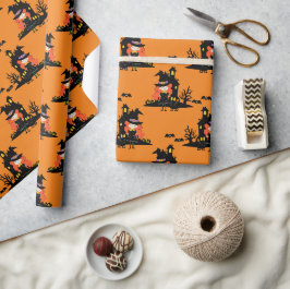Halloween Haunted Witch House Sinaasappel Cadeaupapier