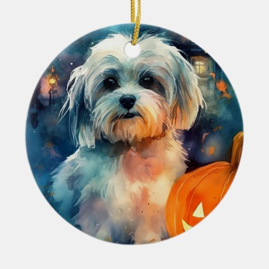 Halloween Havanese met pompoenen eng Keramisch Ornament (Voorkant)
