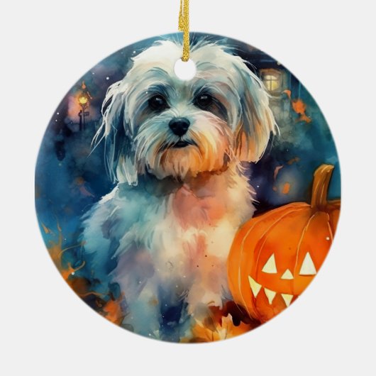 Halloween Havanese met pompoenen eng Keramisch Ornament (Achterkant)