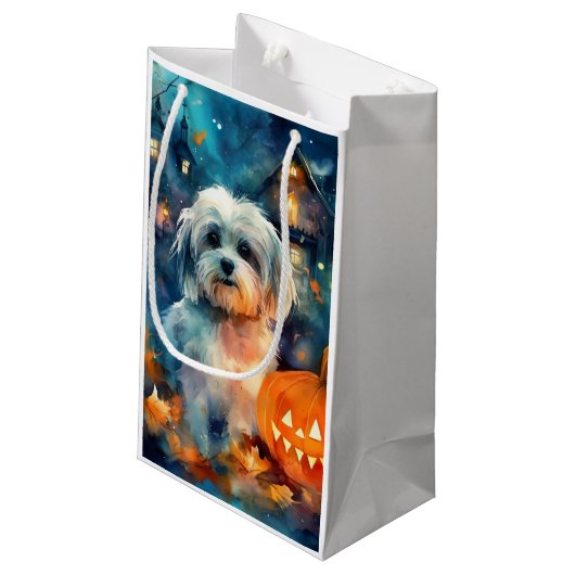 Halloween Havanese met pompoenen eng Klein Cadeauzakje (Achterkant Gekanteld)