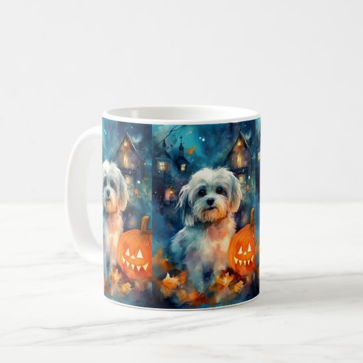 Halloween Havanese met pompoenen eng Koffiemok (Voorkant links)