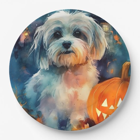 Halloween Havanese met pompoenen eng Papieren Bordje (Voorkant)