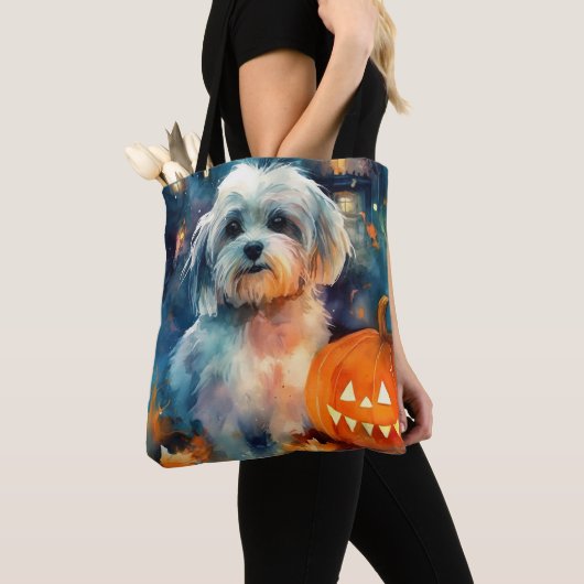 Halloween Havanese met pompoenen eng Tote Bag (Dichtbij)