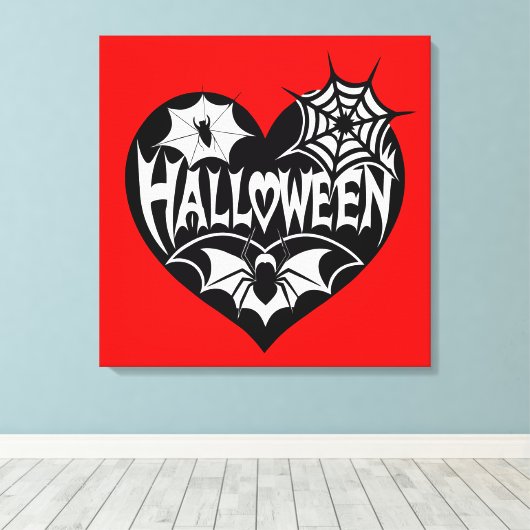 Halloween Heart, Black Heart Shape, Spider Web Canvas Afdruk (Insitu (Houten vloer))