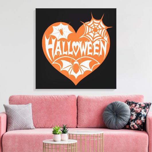 Halloween Heart, Orange Heart Shape, Spider Web Canvas Afdruk (Insitu (Woonkamer))