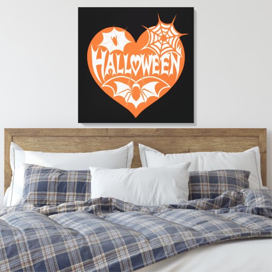 Halloween Heart, Orange Heart Shape, Spider Web Canvas Afdruk (Insitu (Slaapkamer))