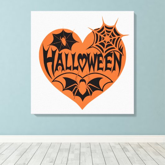 Halloween Heart, Orange Heart Shape, Spider Web Canvas Afdruk (Insitu (Houten vloer))