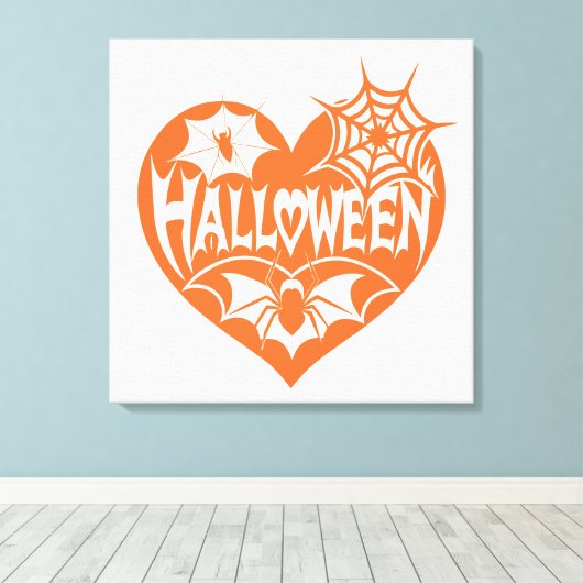 Halloween Heart, Orange Heart Shape, Spider Web Canvas Afdruk (Insitu (Houten vloer))