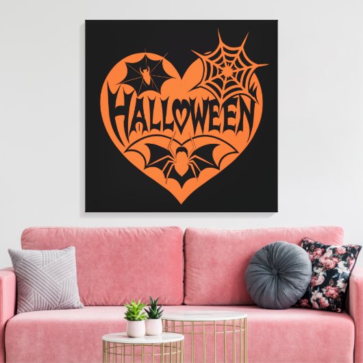 Halloween Heart, Orange Heart Shape, Spider Web Canvas Afdruk (Insitu (Woonkamer))