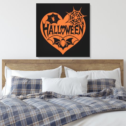 Halloween Heart, Orange Heart Shape, Spider Web Canvas Afdruk (Insitu (Slaapkamer))