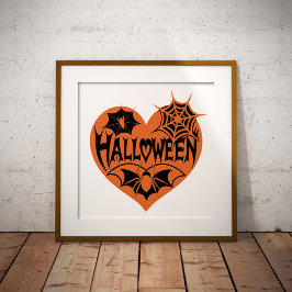 Halloween Heart, Orange Heart Shape, Spider Web Foto Afdruk