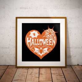 Halloween Heart, Orange Heart Shape, Spider Web Foto Afdruk