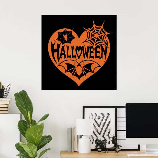 Halloween Heart, Orange Heart Shape, Spider Web Poster (Thuiskantoor)