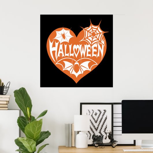 Halloween Heart, Orange Heart Shape, Spider Web Poster (Thuiskantoor)