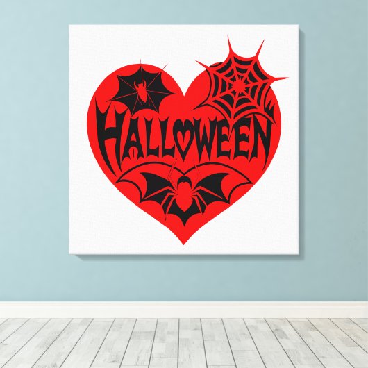 Halloween Heart, Red Heart Shape, Spider Web Canvas Afdruk (Insitu (Houten vloer))