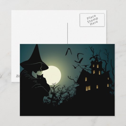 Halloween: heks and hounted house briefkaart (Voorkant / Achterkant)