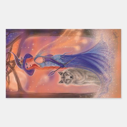 Halloween heks and wolf van Renee Lavoie Rechthoekige Sticker (Voorkant)