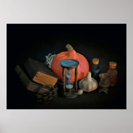 Halloween: heks attributen klaargezet op een tafel poster