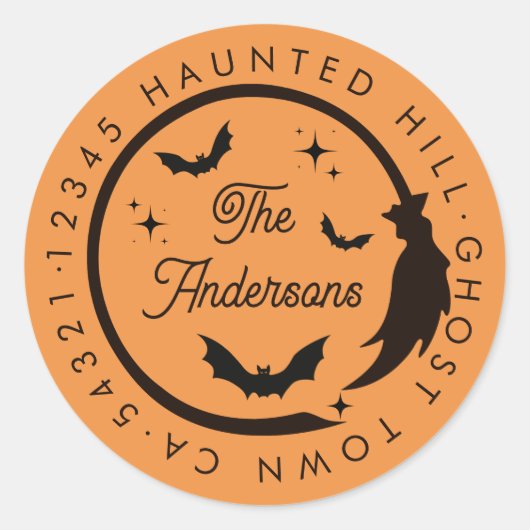 Halloween heks bezem vleermuizen spooky retour adr ronde sticker (Voorkant)