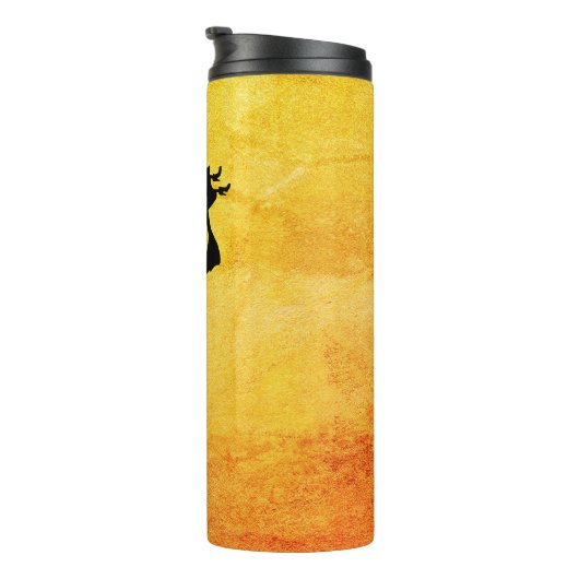 Halloween heks die op een broomstick vliegt thermosbeker (Geroteerd rechts)