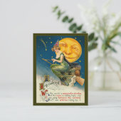  Halloween-heks die op haar magische bezems vliegt Feestdagenkaart (Staand voorkant)