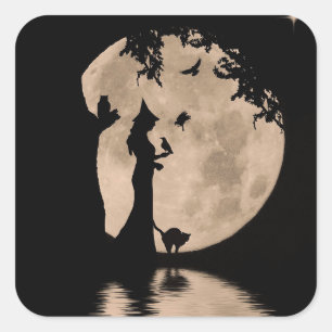 Halloween  heks en Familiars Cat Owl Raven Vierkante Sticker
